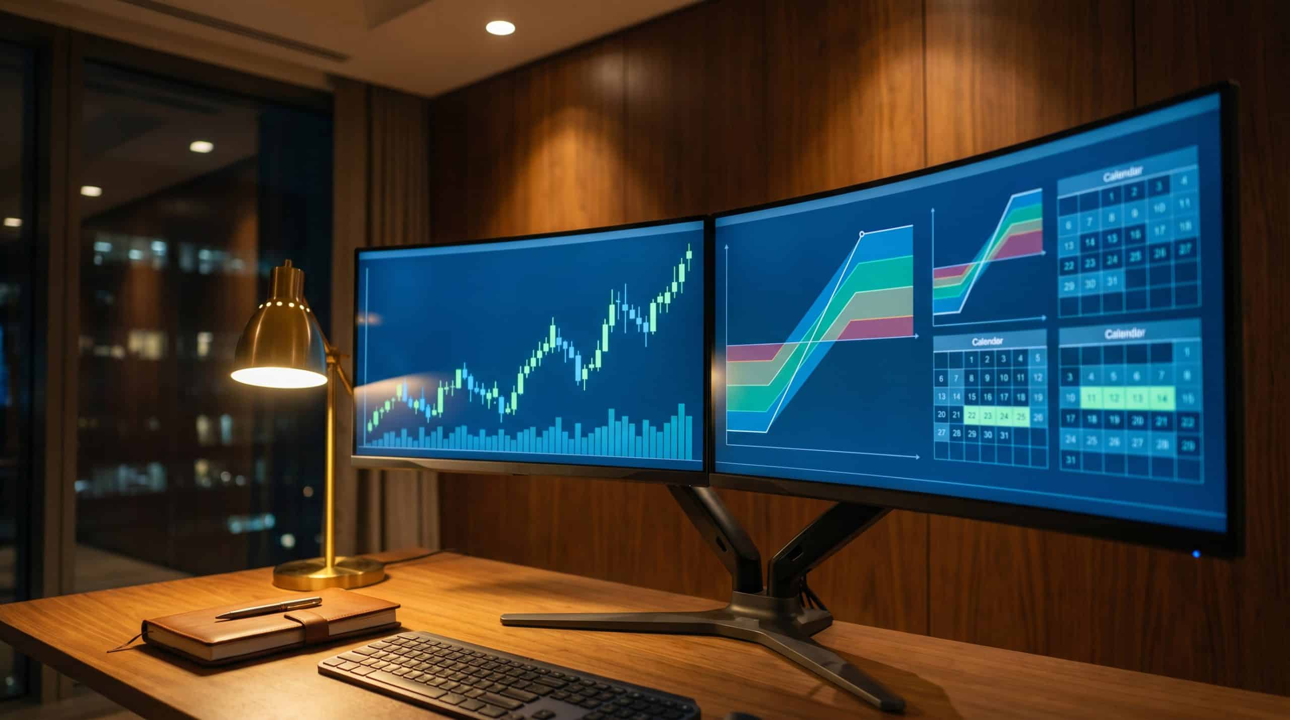 Diagonal spreads trading setup with multiple monitors showing options chains and expiration calendars