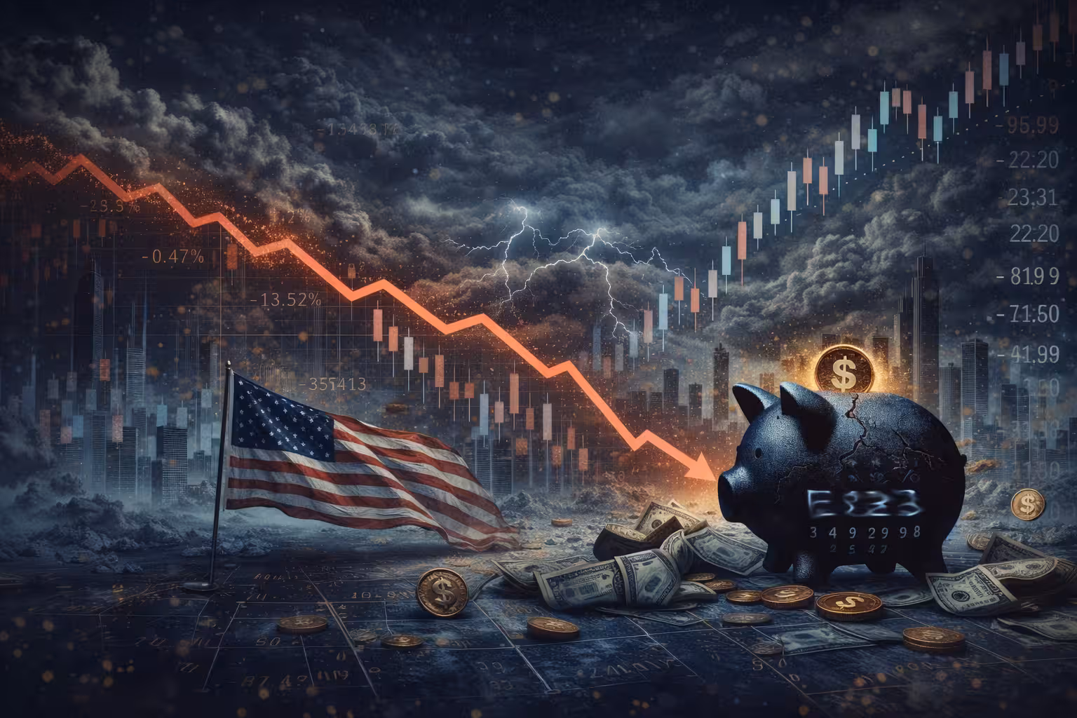Economic recession impact on options trading with falling stock market chart, storm clouds, and cracked piggy bank symbolizing financial downturn.