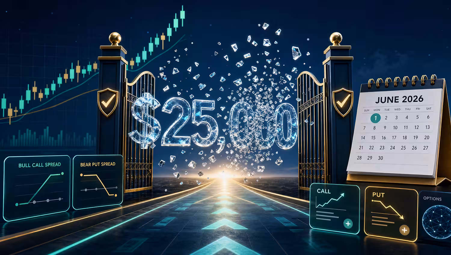 Illustration of the $25,000 Pattern Day Trader rule being lifted, symbolizing new access for options traders in 2026