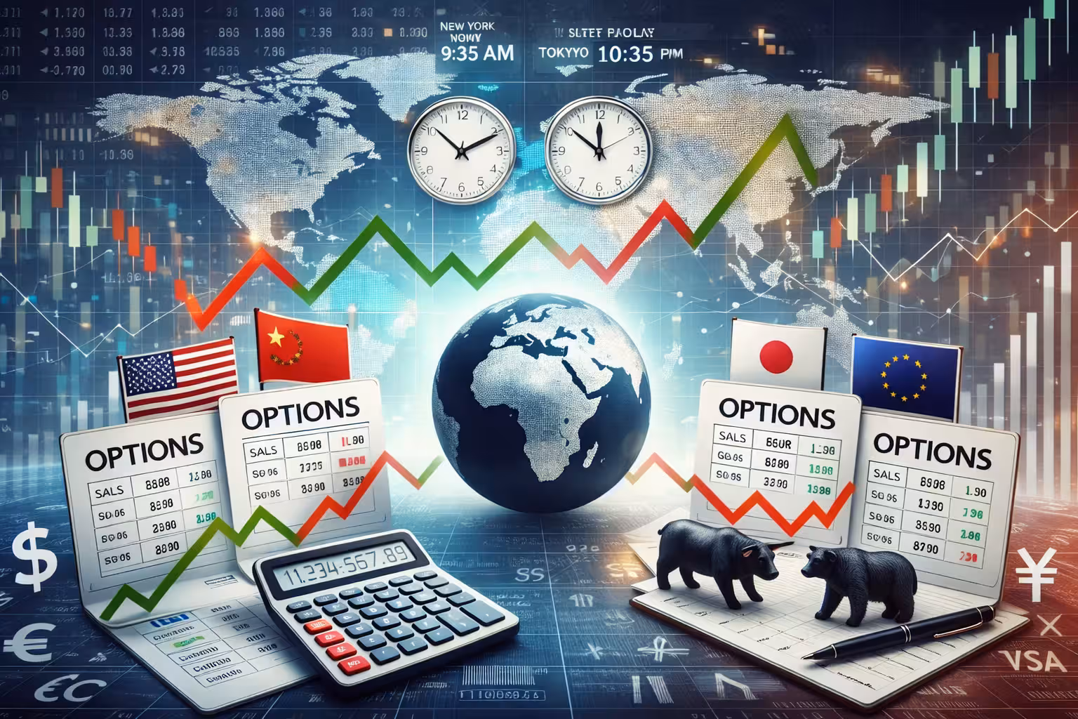 Global options trading illustration showing international markets, time zone differences between New York and Tokyo, and call and put options data across multiple countries.