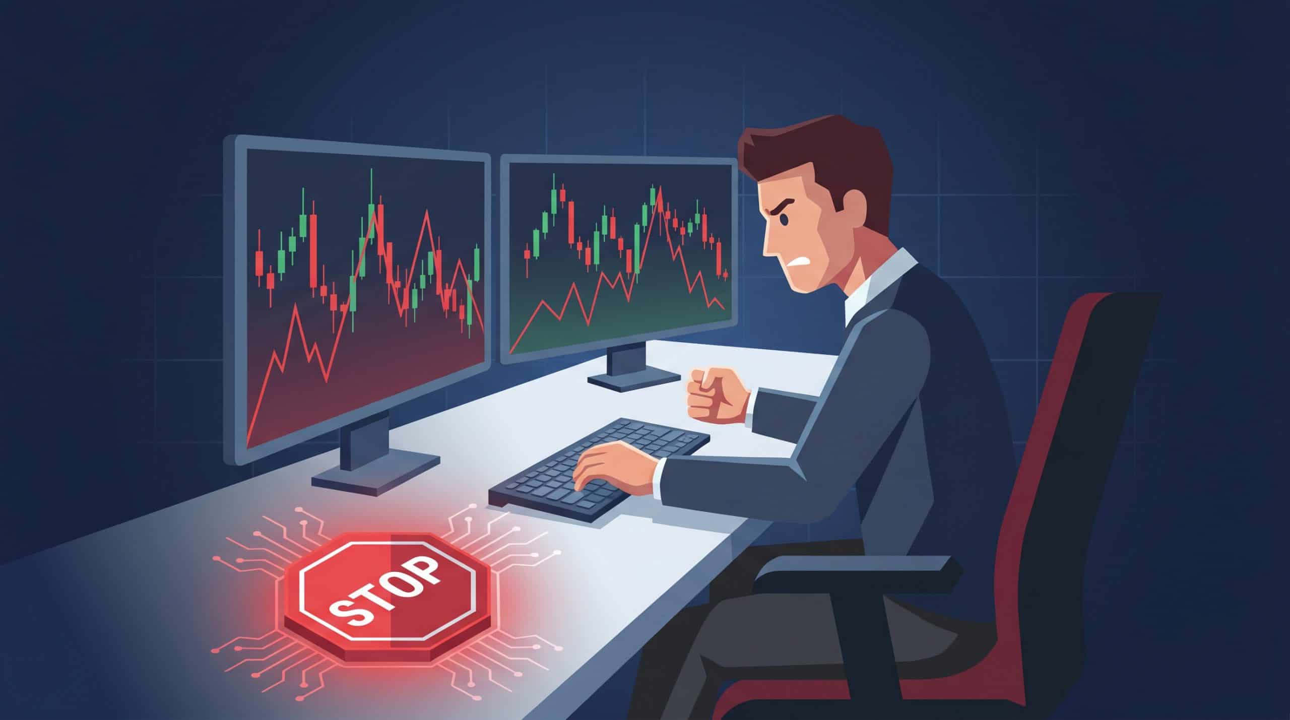 Trader at dual monitors with volatile candlestick charts and a stop signal representing overtrading discipline in fast markets