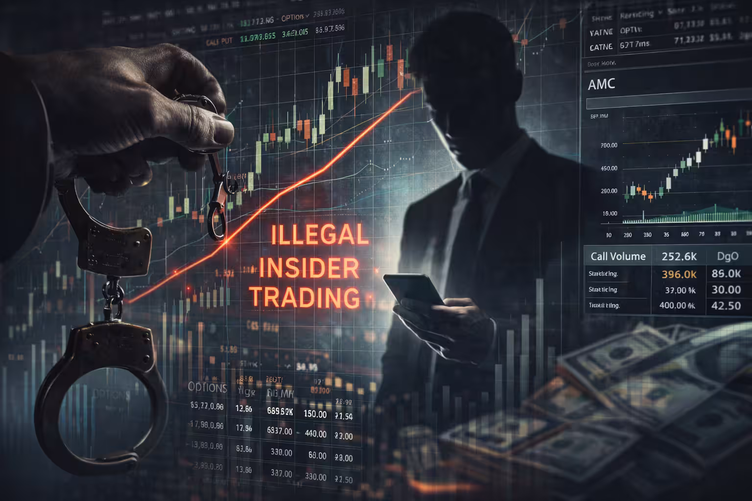 Illegal insider trading in options shown with trader checking stock data on phone, rising price chart, and handcuffs representing enforcement and financial crime.