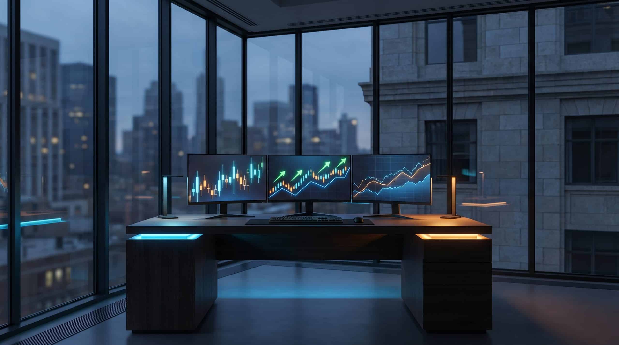 Interest rate cuts options trading setup with monitors showing rate-sensitive sector charts and bond yield trends