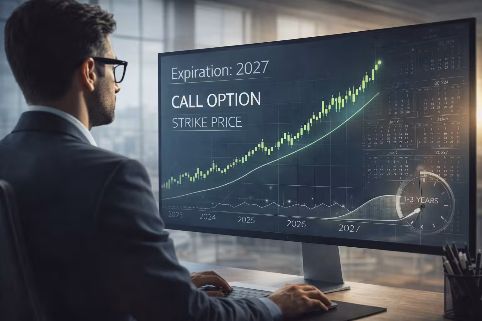 LEAPS options trading visualization showing long-term call option with multi-year stock trend, expiration timeline, and investor focused on long-term growth strategy.