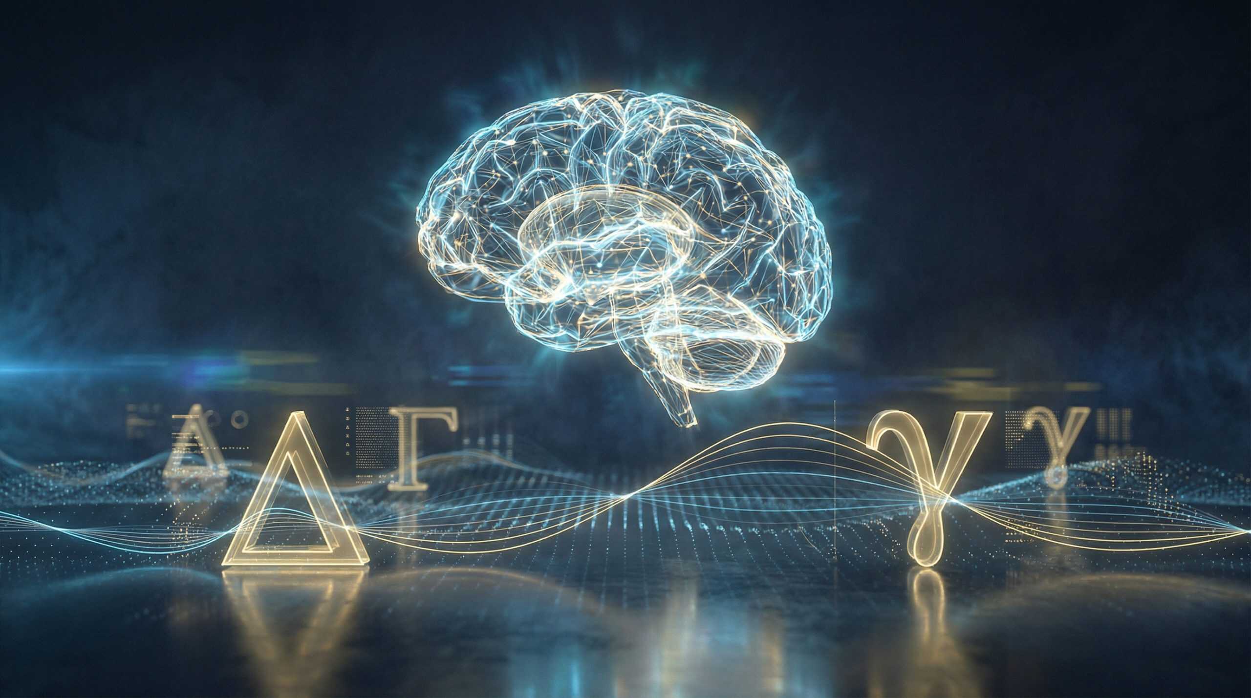 AI neural network brain with holographic Delta and Gamma Greek symbols representing LLMs explaining options Greeks