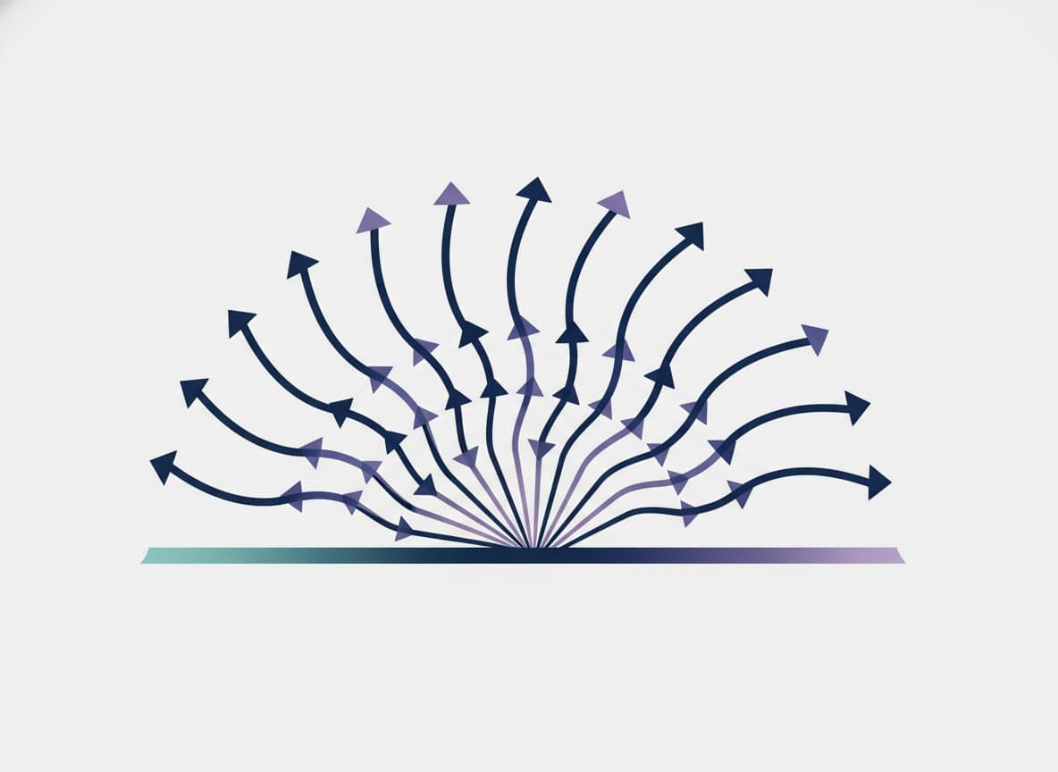 An abstract schematic showing earnings revision arrows fanning across a flattened volatility curve.