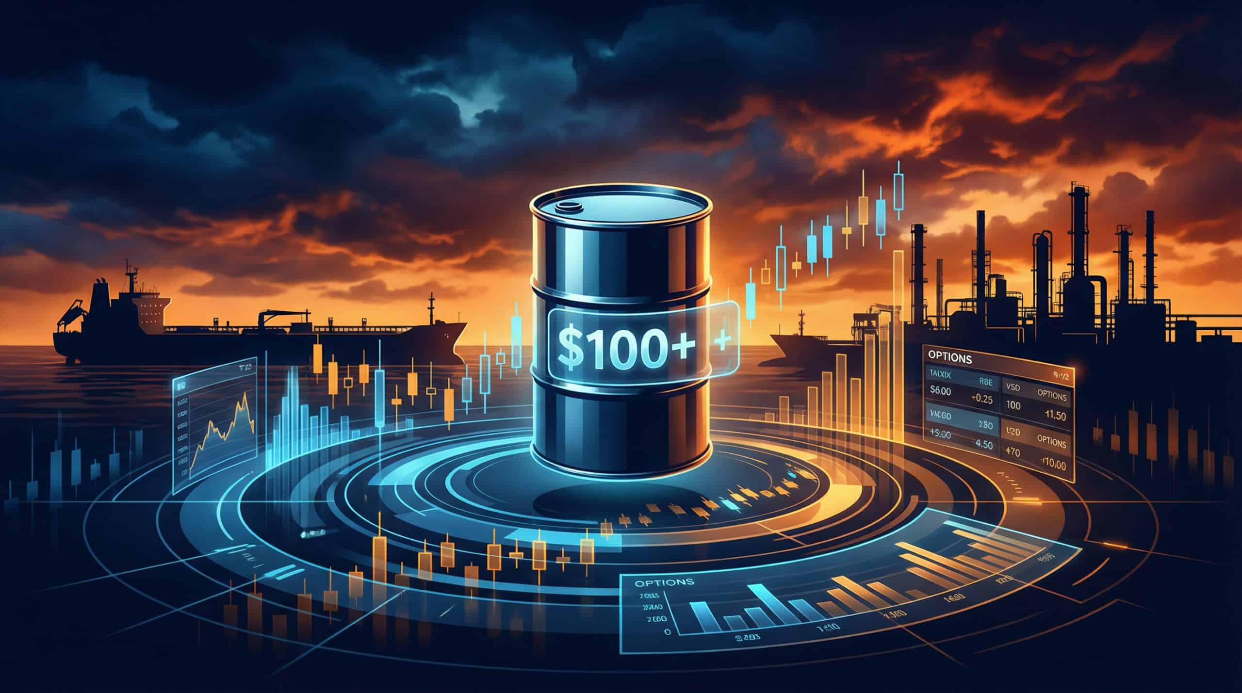 Oil barrel with $100+ price tag surrounded by options trading charts and energy infrastructure
