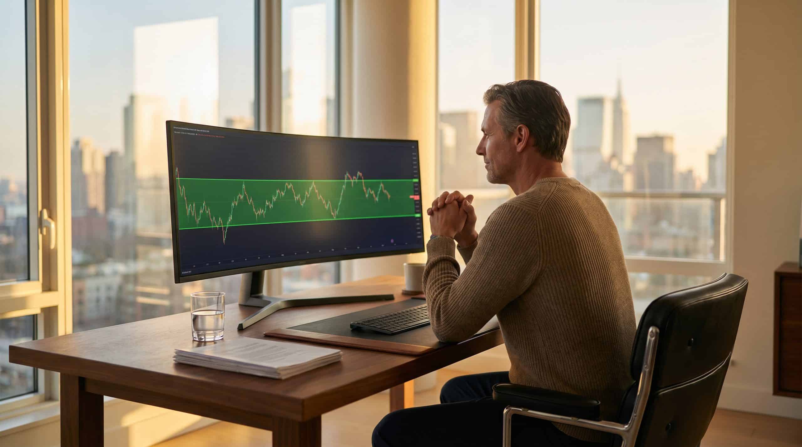 Investor reviewing options collar strategy with protected price range on trading monitor at golden hour