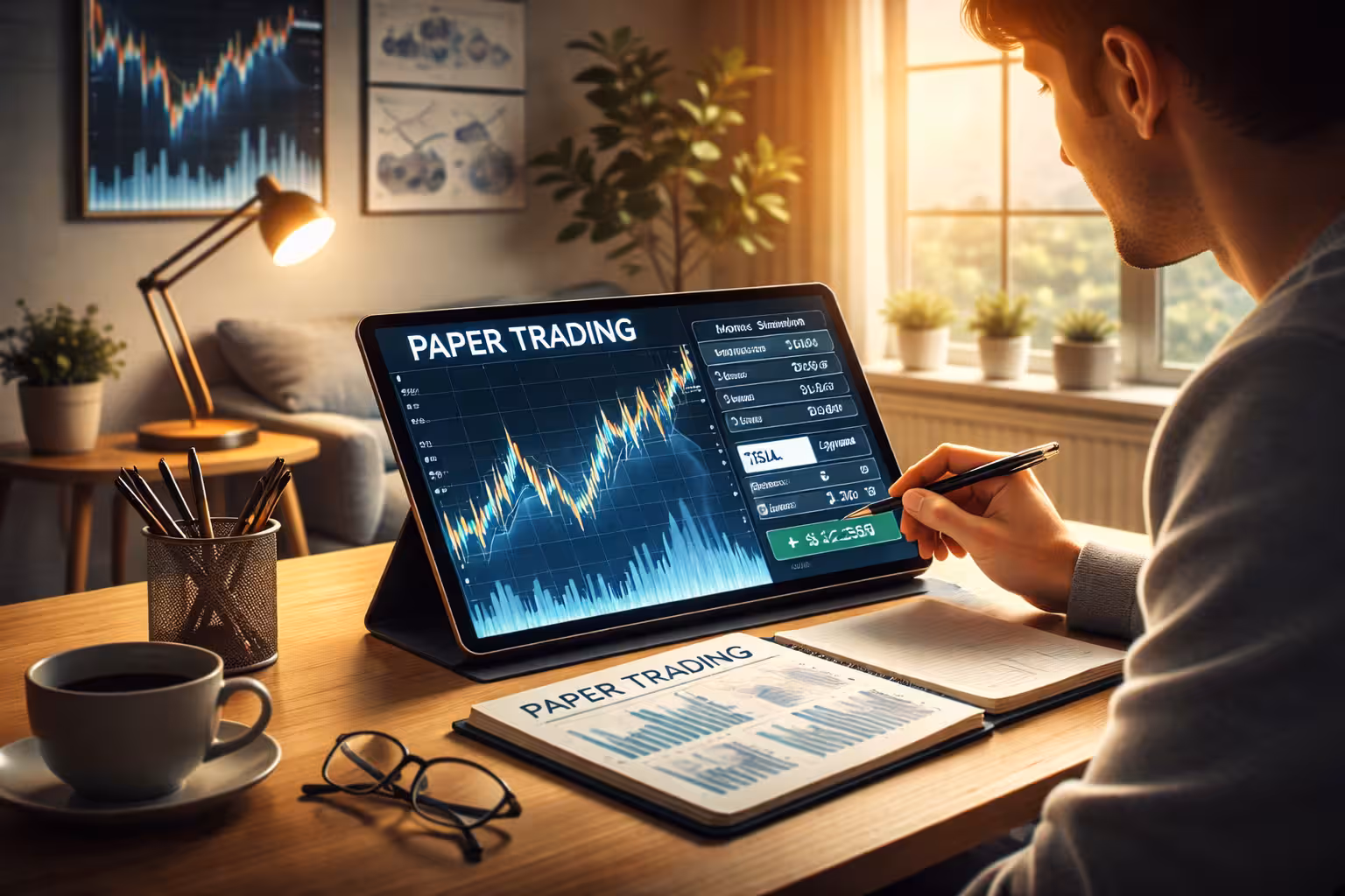 Options paper trading setup showing simulated trades, stock charts, and trader taking notes while practicing options strategies without real money.