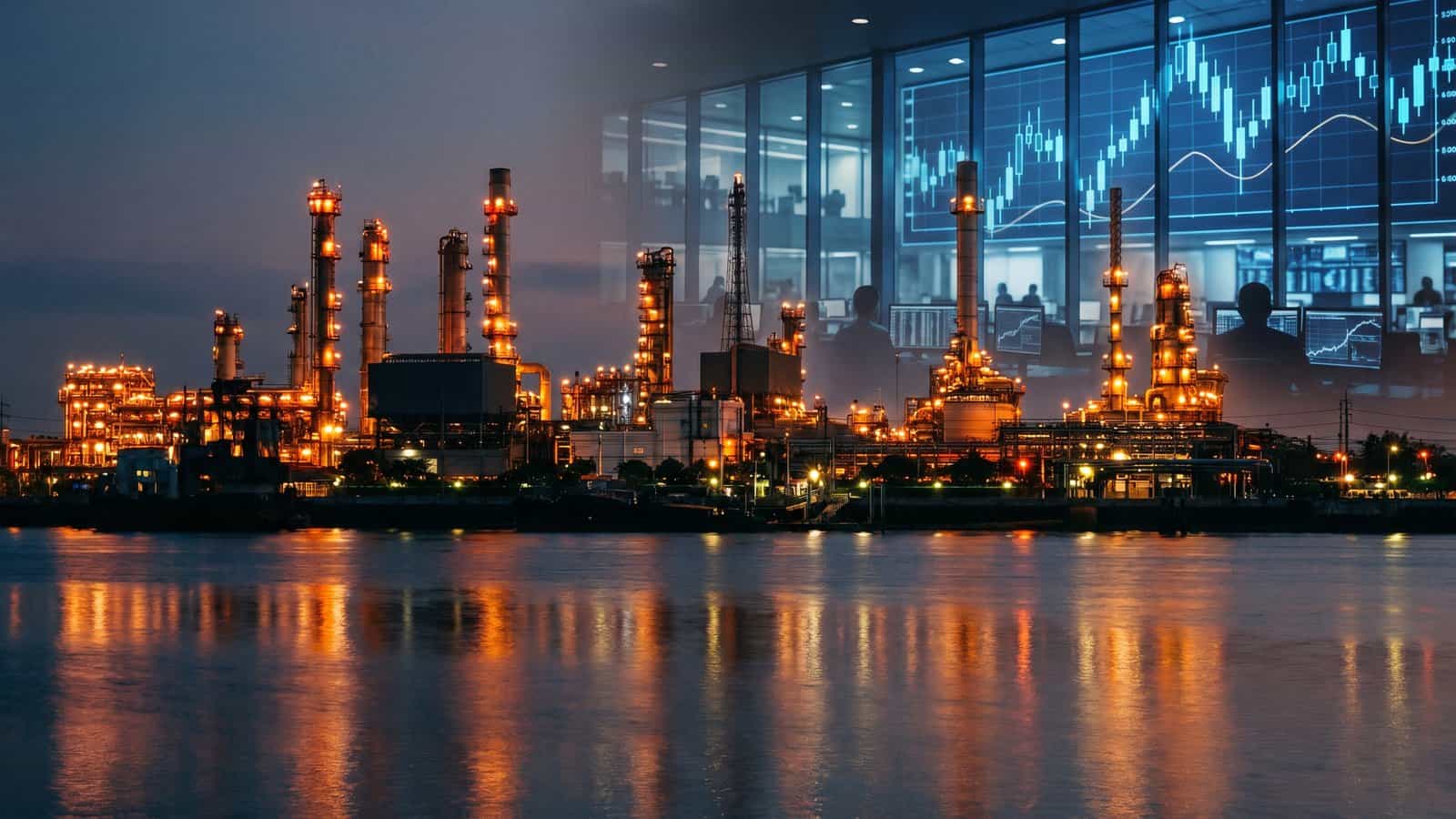 Options strategies for commodity and energy stocks trading setup with oil refinery and financial charts