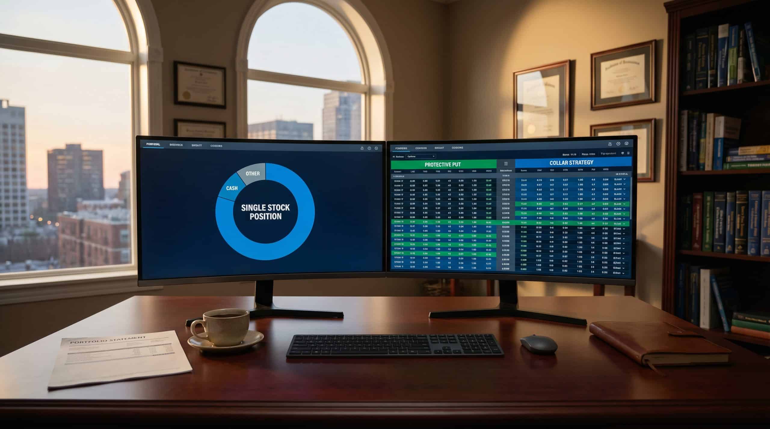 Concentrated stock positions hedging setup with monitors showing protective put and collar options chains