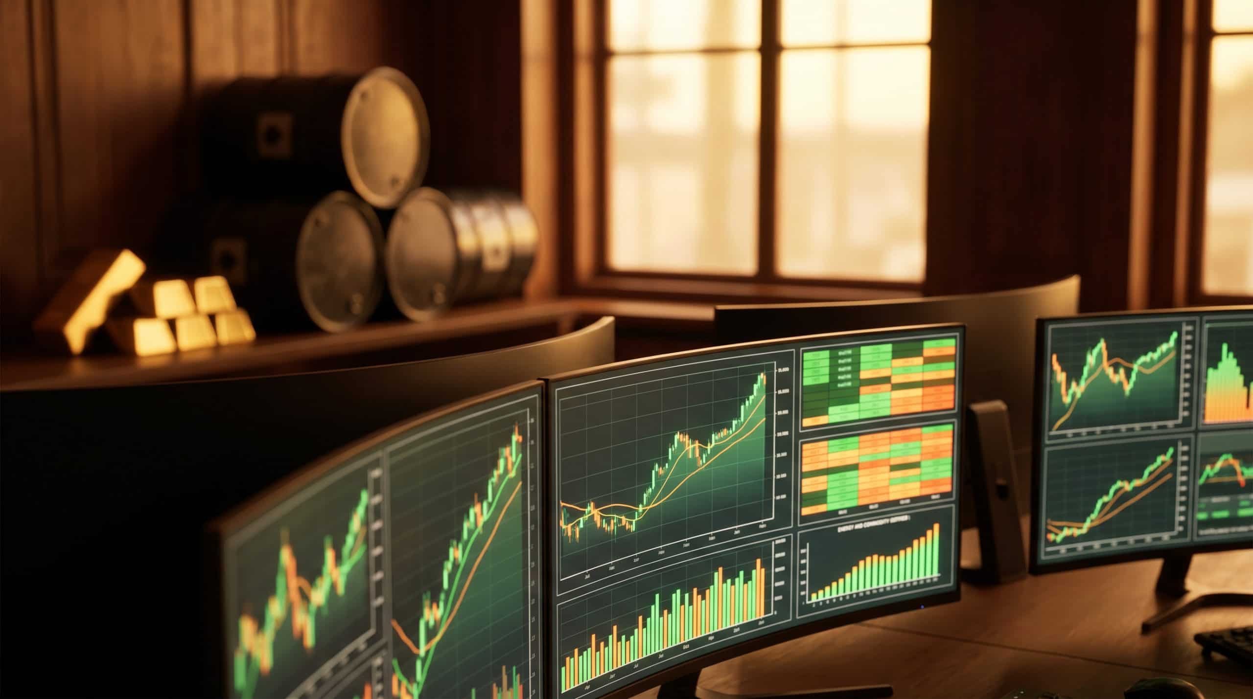 High inflation options strategies trading setup with commodity charts and sector rotation on monitors