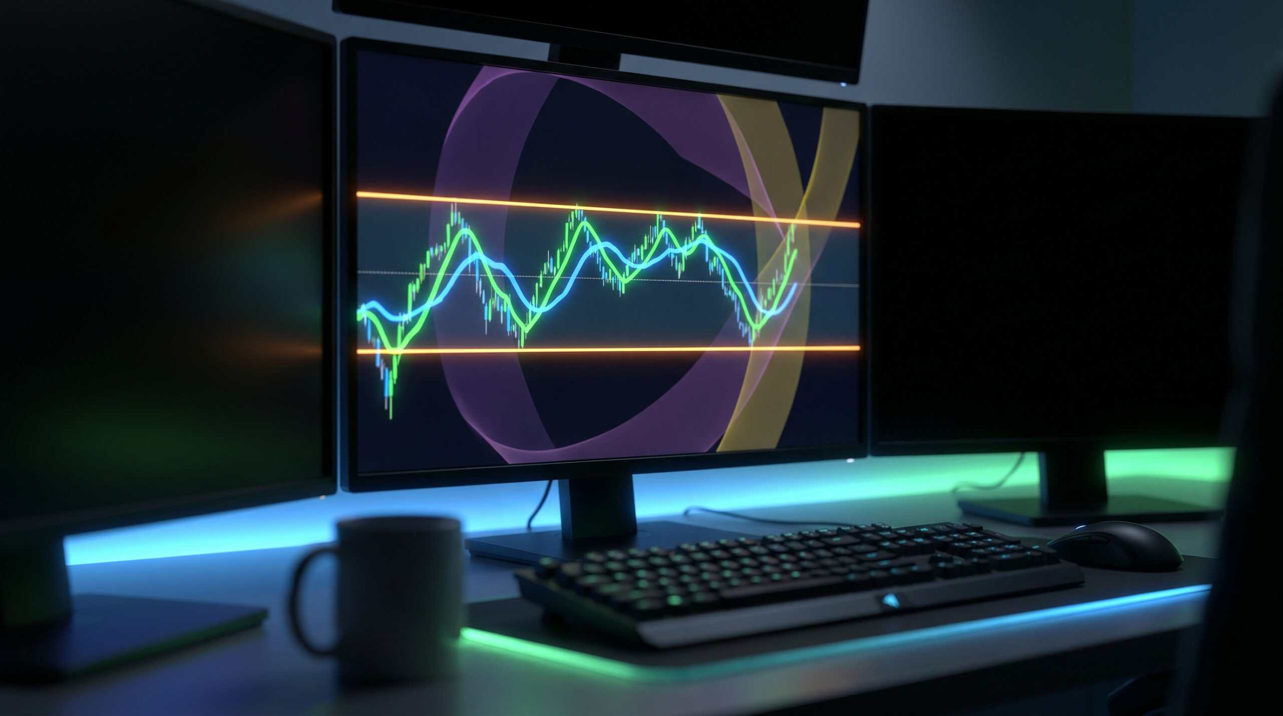Range-bound options strategies trading setup with sideways price channel on monitor