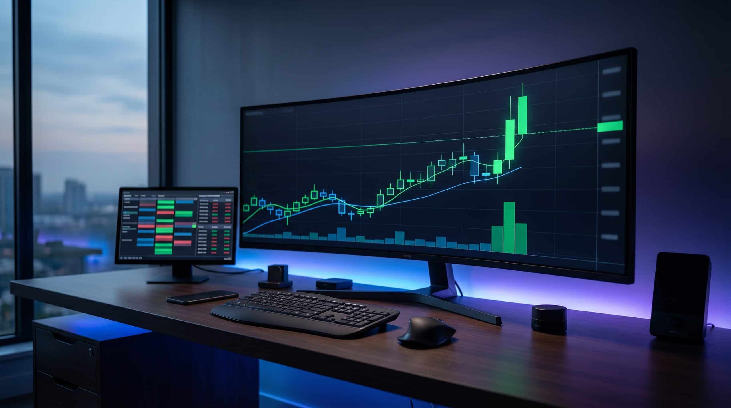 Options strategies for uptrends and breakouts with trading monitor showing a stock chart breakout pattern