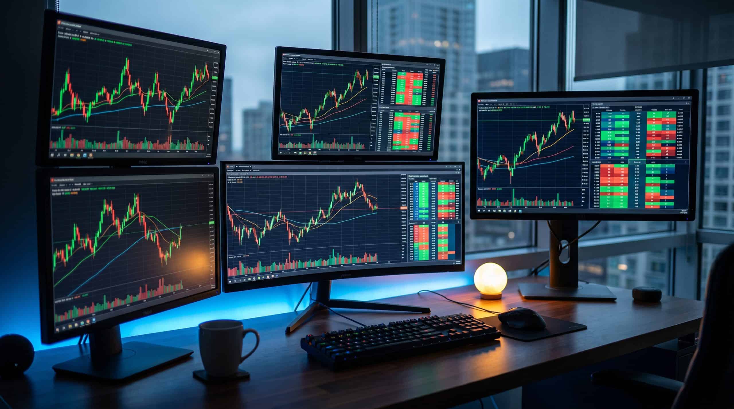 Options strategies for volatile small caps trading setup with monitors showing options chains and high-volatility candlestick charts