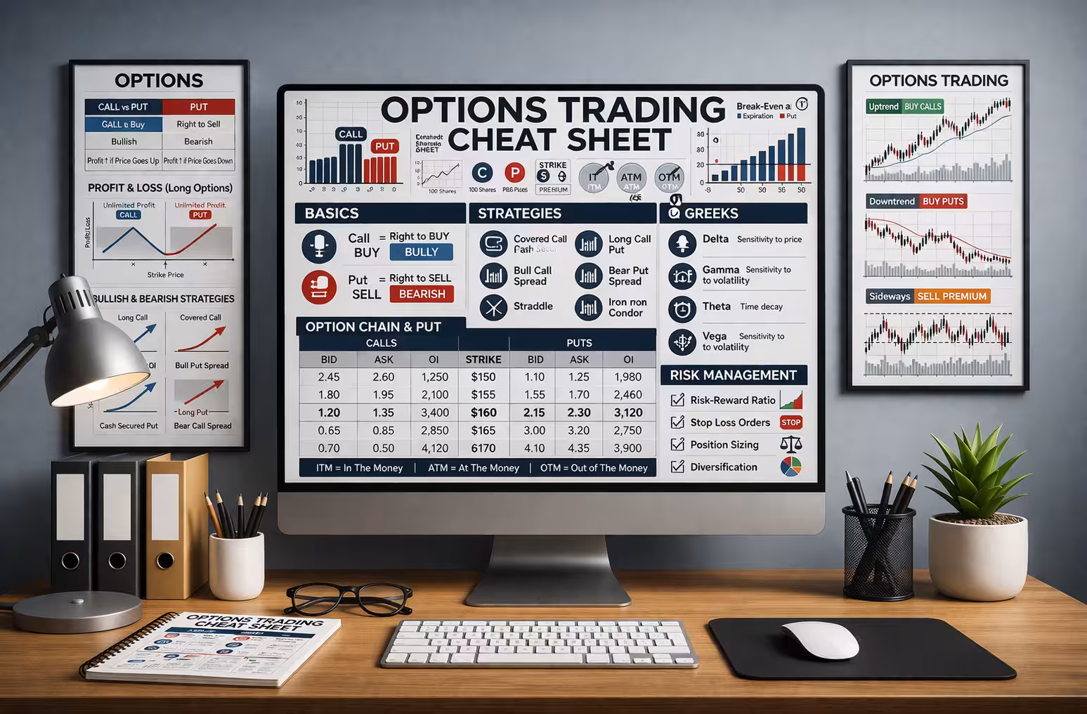 Options trading cheat sheet displayed on a computer screen with strategies, Greeks, option chain data, and risk management concepts in a modern workspace.