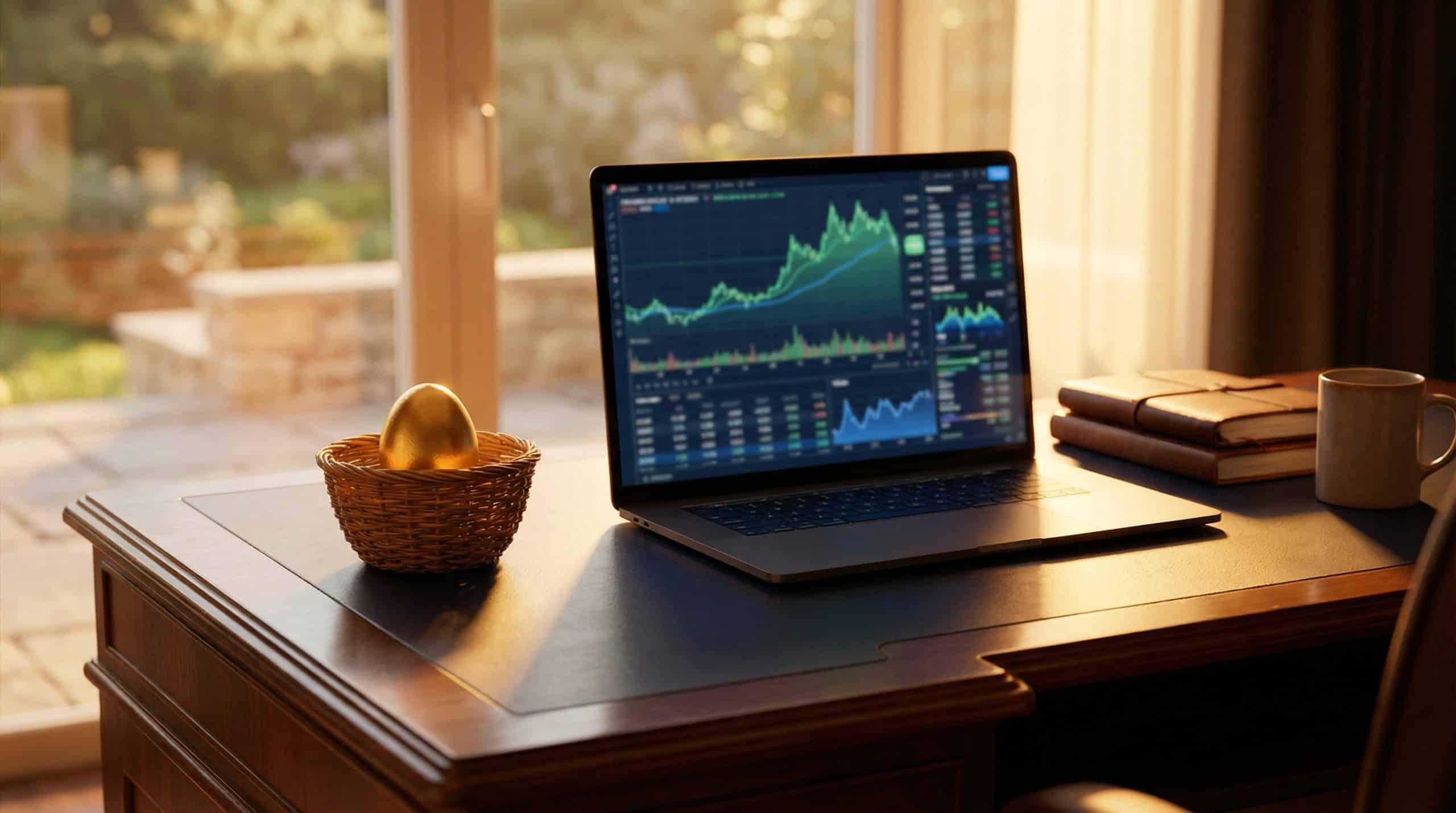 Options trading in your IRA with a golden nest egg next to a laptop showing stock charts