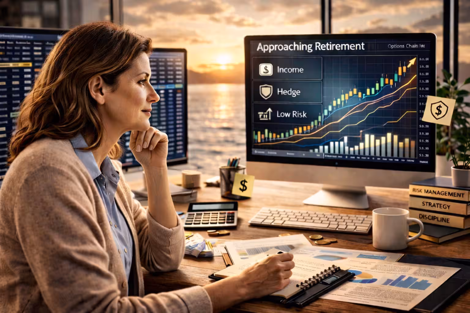 Woman reviewing options trading strategies for retirement planning with stable growth charts and risk management focus.
