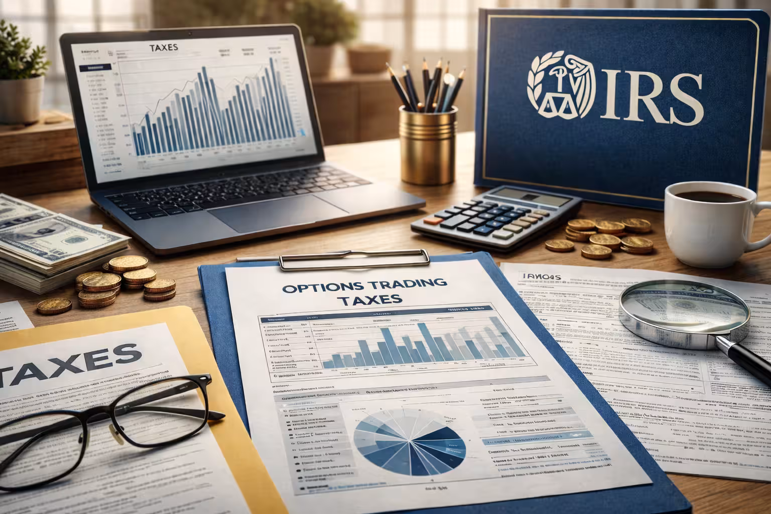 Financial workspace with tax documents, calculator, and trading charts illustrating options trading taxes and IRS reporting.