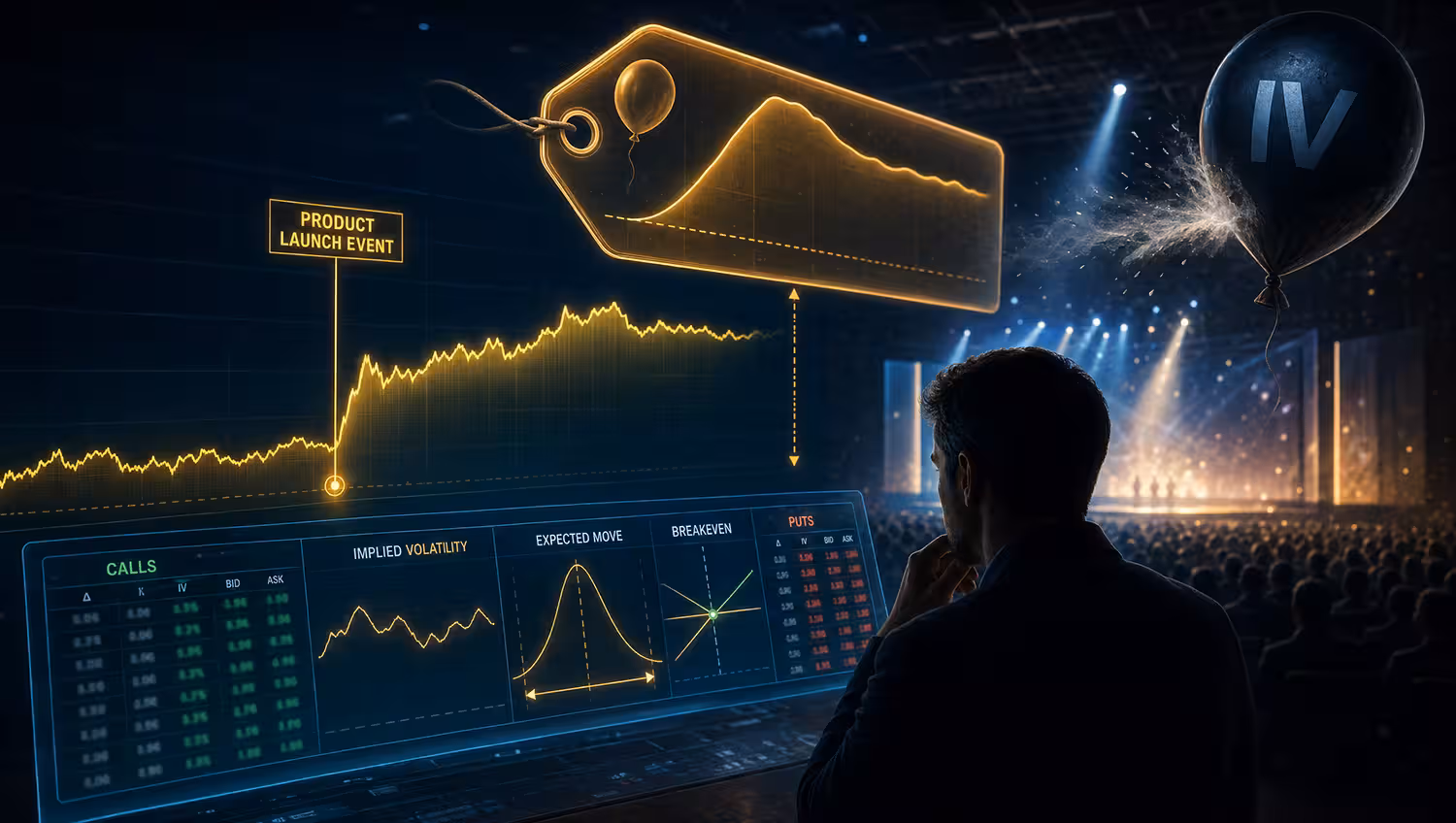 Trader at desk overpaying on a big product announcement