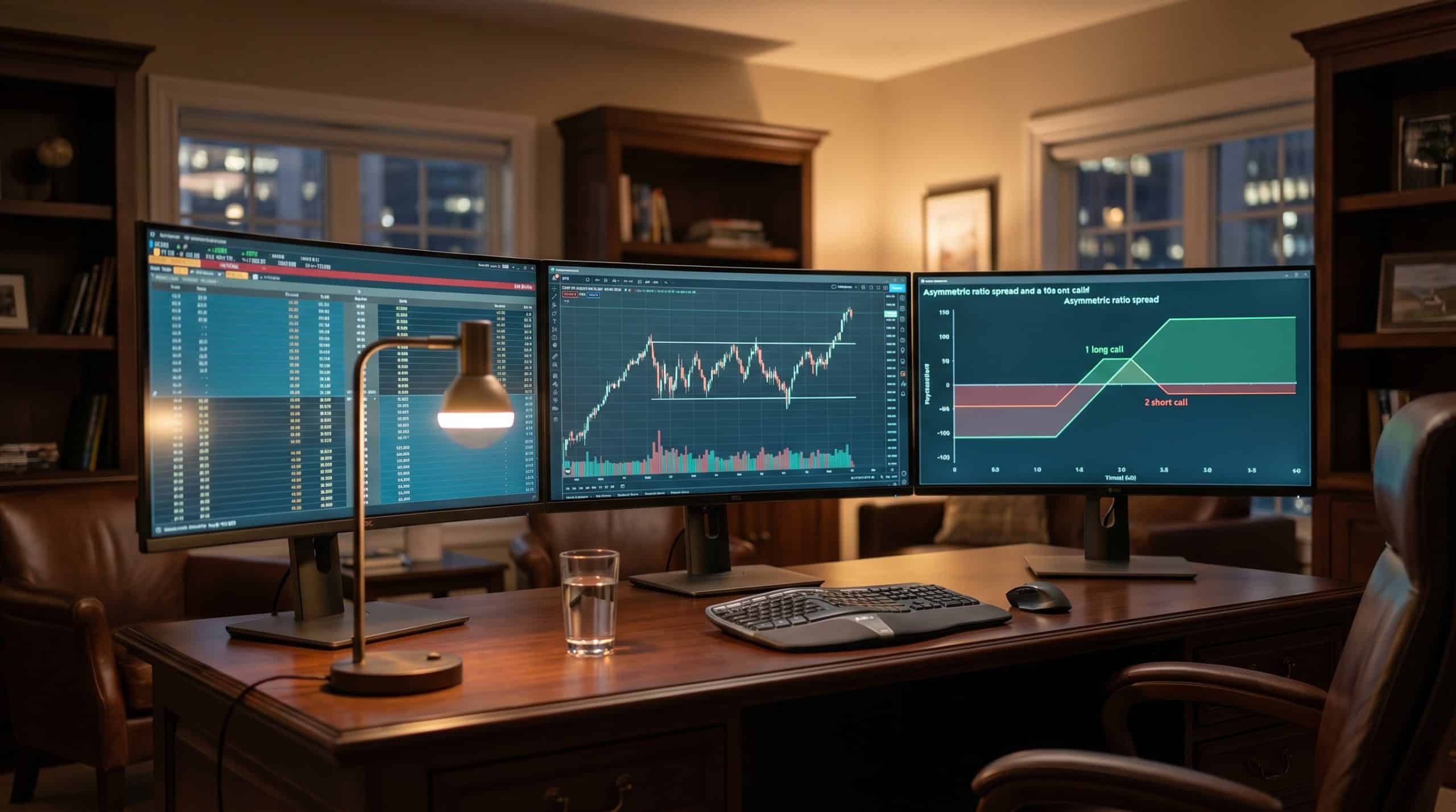 Ratio spreads trading setup with monitors showing options chain and payoff diagram