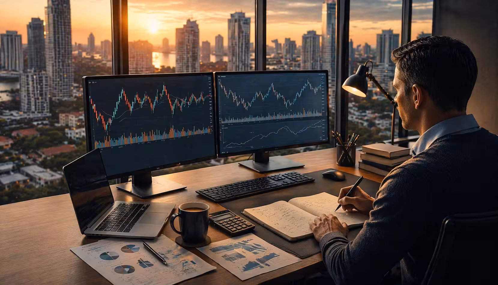 Trader analyzing options strategies on dual monitors overlooking city skyline, representing REIT investing and hedging with options.