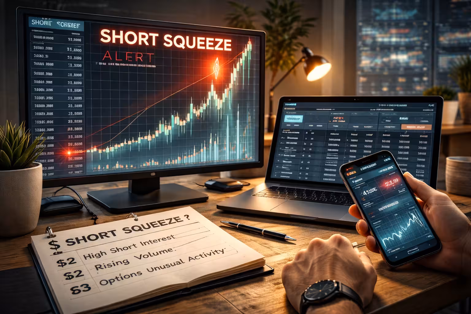 Short squeeze setup in options market showing rapid price increase, high short interest, increased volume, and unusual options activity indicators.
