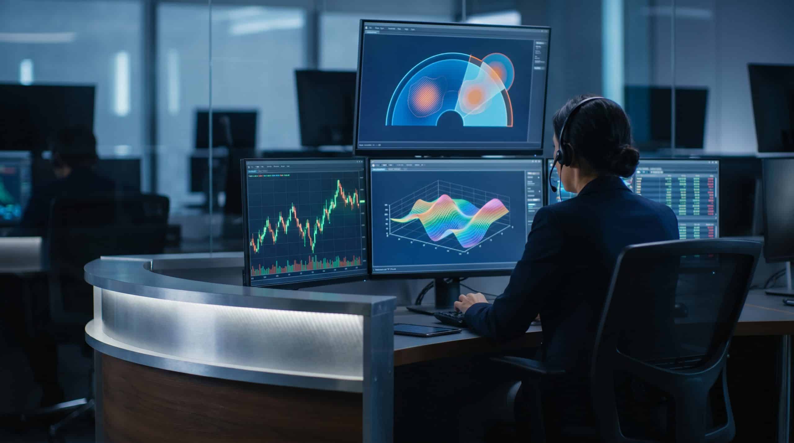 Short volatility strategies trading setup with options chains and volatility surface on multiple monitors