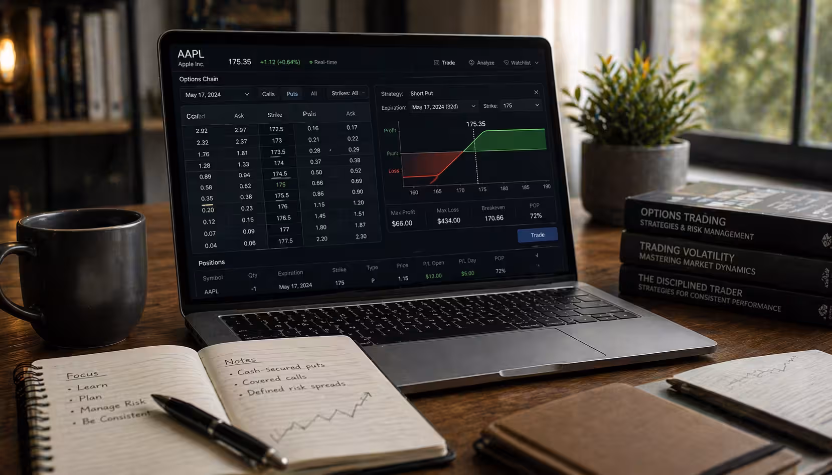 Clean home office workspace with laptop showing options trading platform, options chain, and payoff chart, alongside notebook and books illustrating small account trading strategies and risk management.