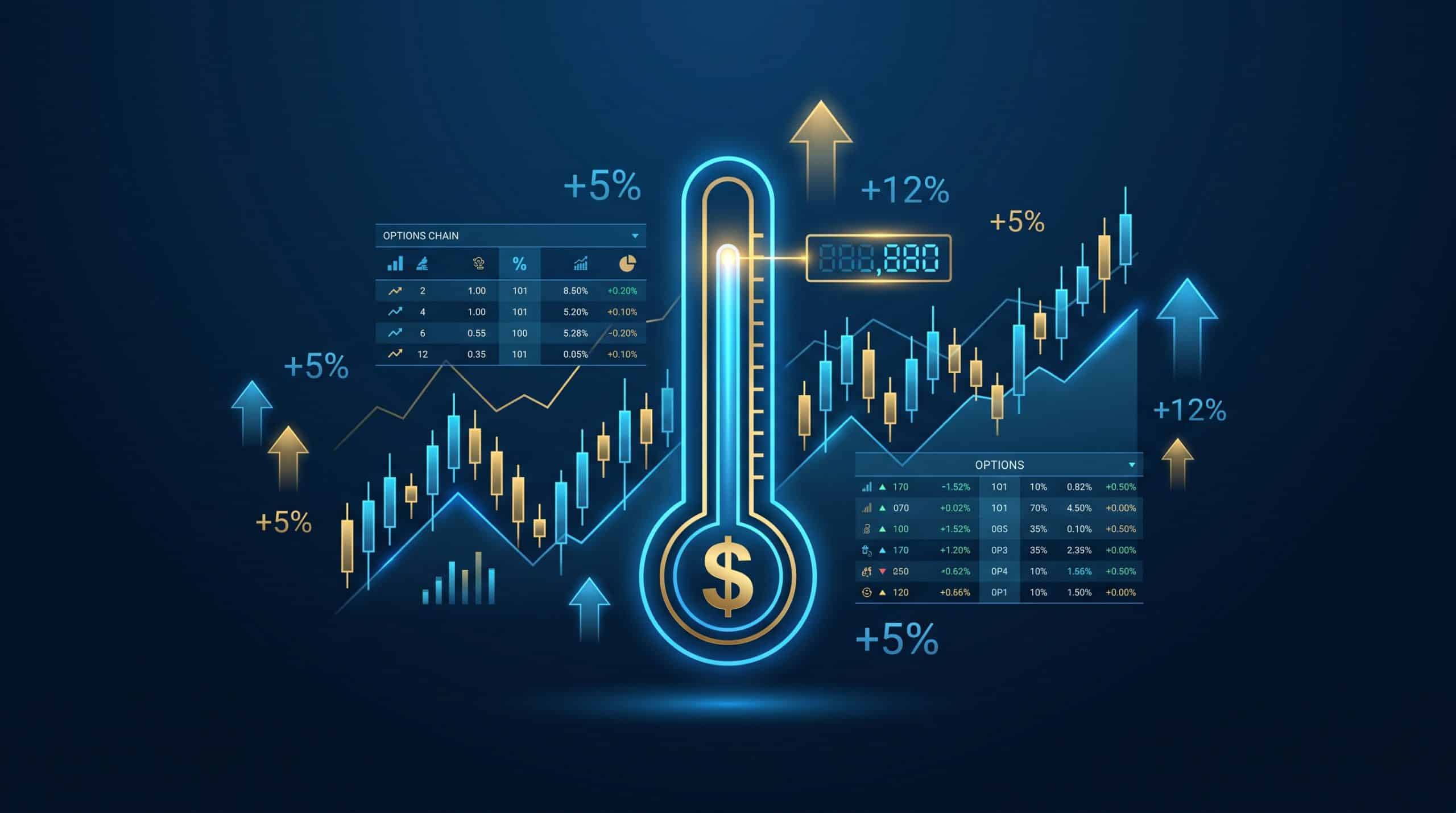Sticky inflation impact on options trading strategies with thermometer and market charts