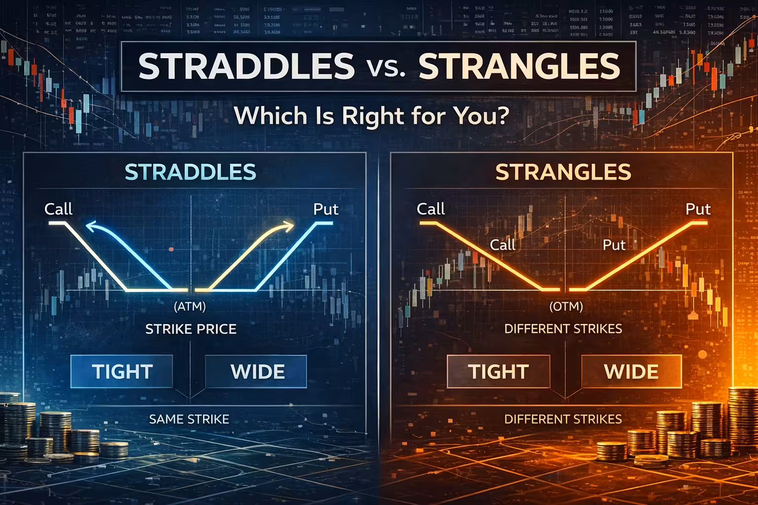 Straddles vs strangles options trading comparison showing payoff diagrams, ATM vs OTM strike prices, and different trading strategies.