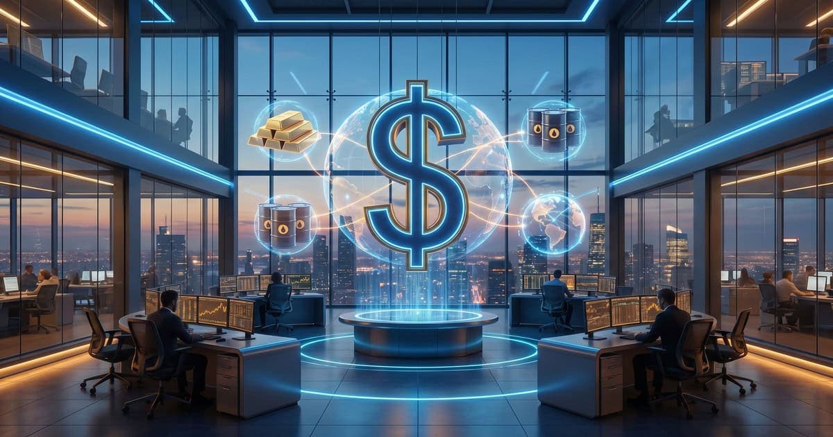 Dollar symbol with gold and oil assets representing dollar options trading strategies
