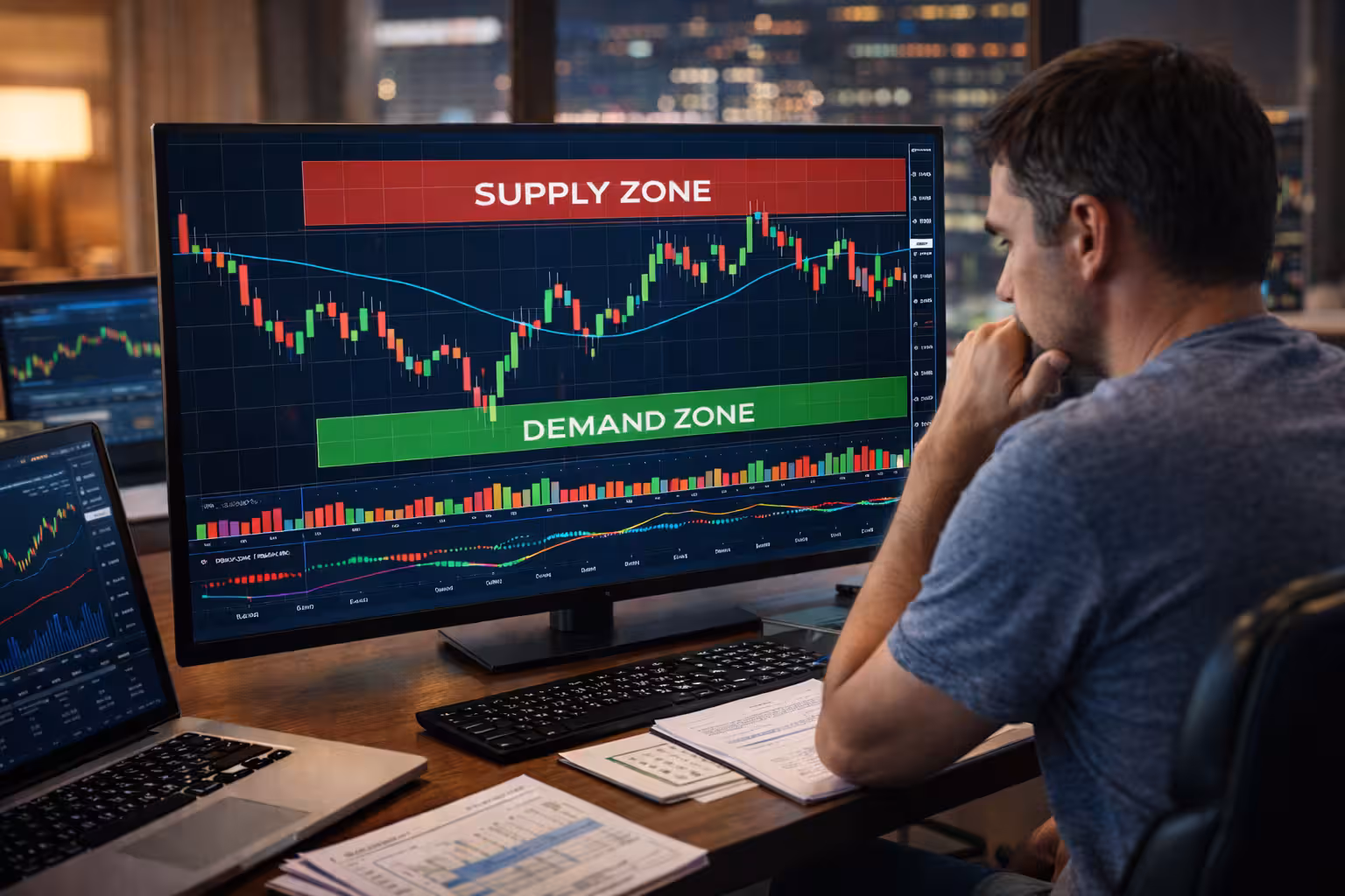 Trader analyzing supply and demand zones on a stock chart to plan options trades