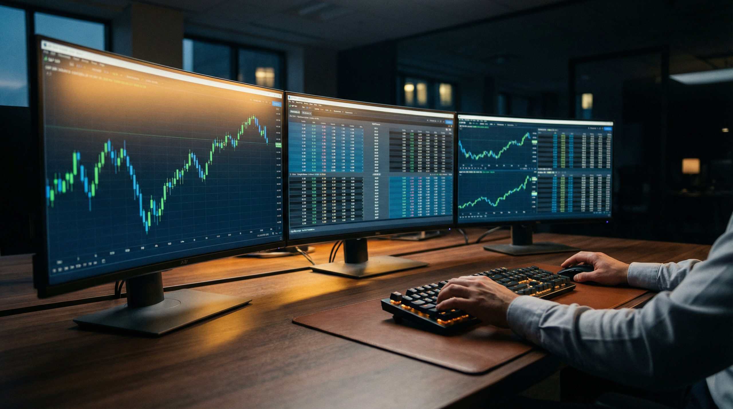 Trading desk with multiple monitors showing SPY options chains and S&P 500 charts