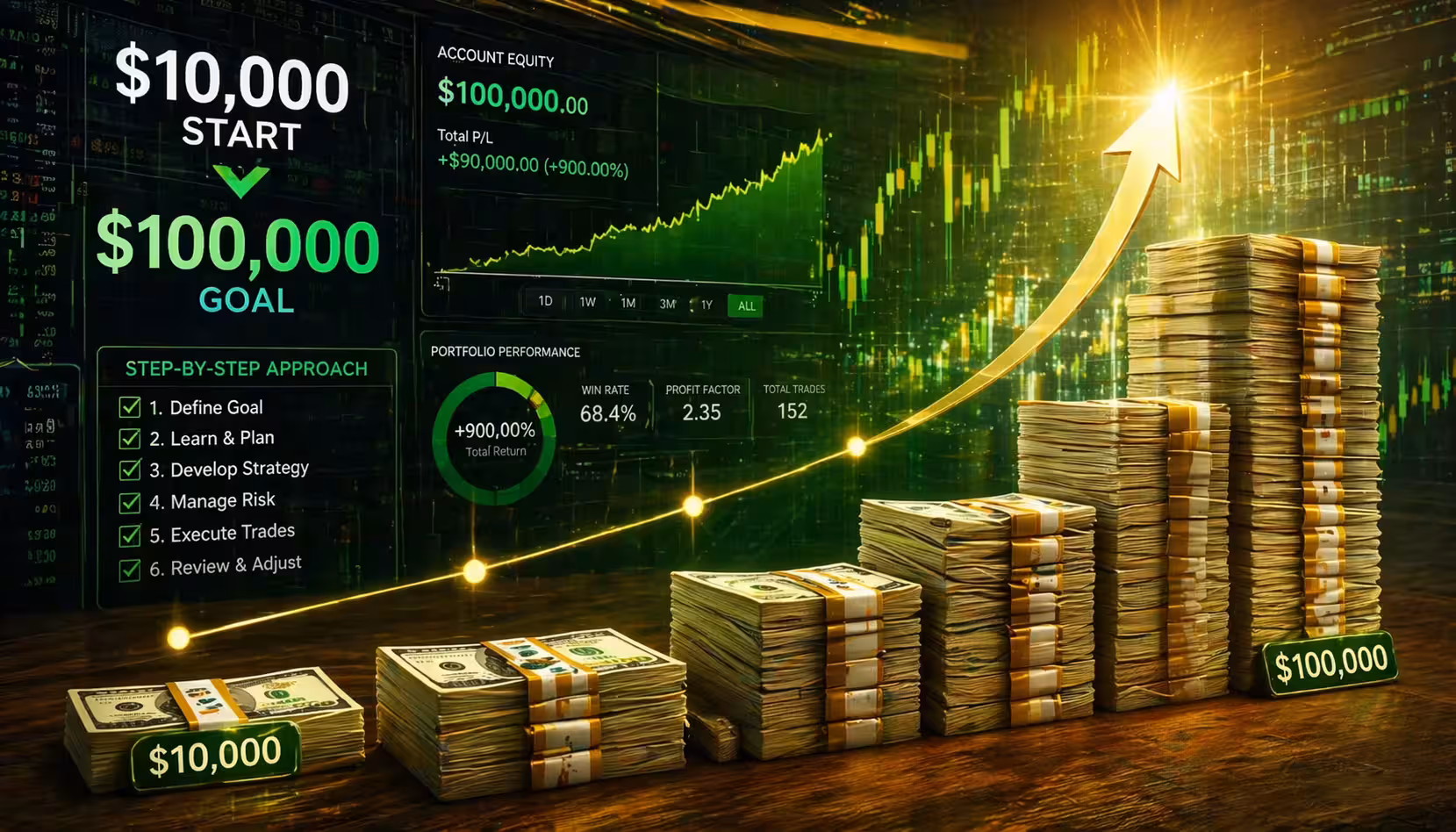 Visual representation of options trading growth showing a $10,000 starting account increasing toward $100,000 with rising equity chart and stacked cash.