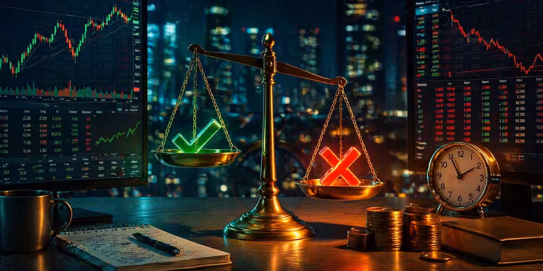 Balance scale comparing profits and risks in weekly options trading, with financial charts and market data on screens in a modern trading workspace.