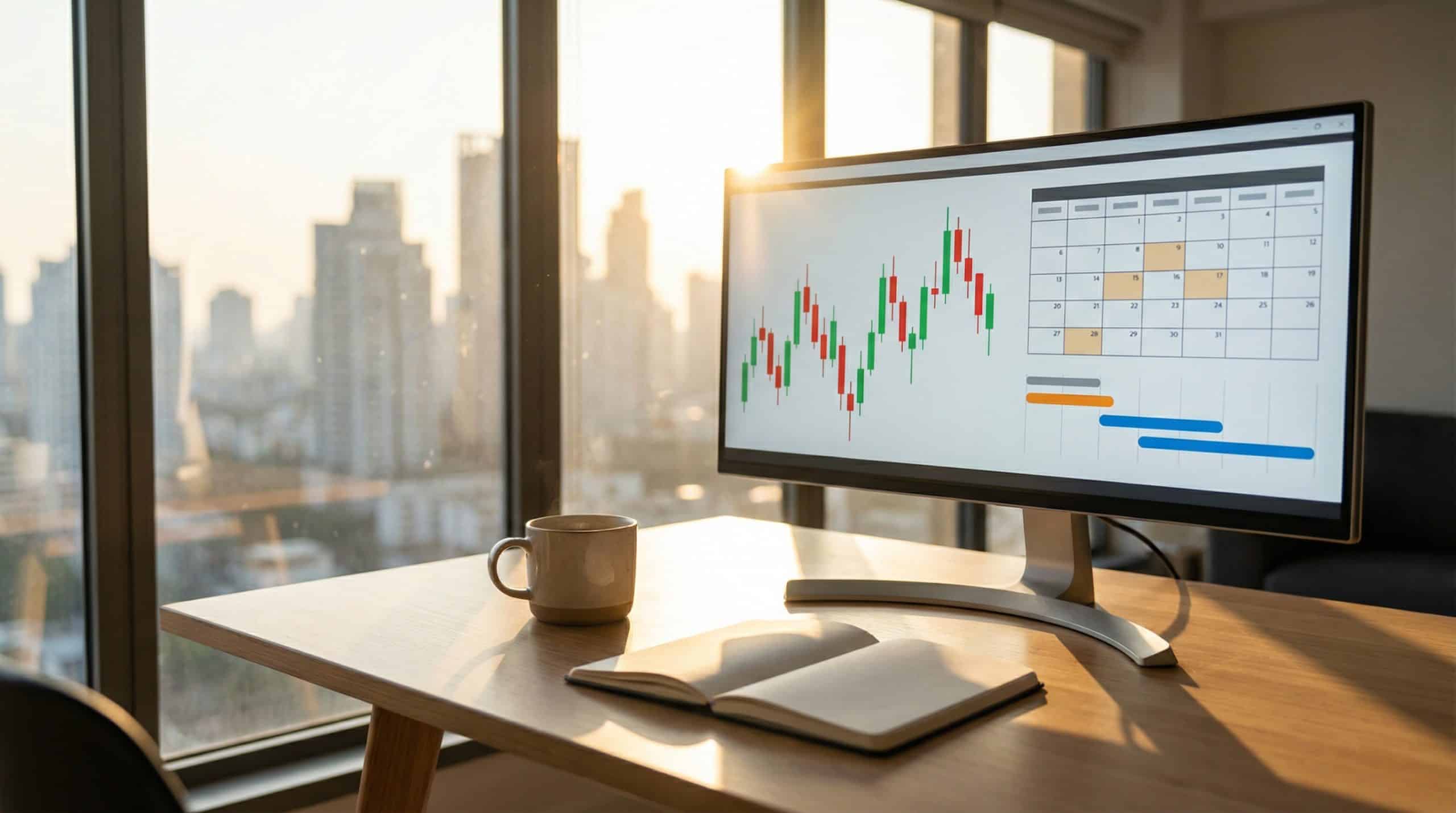 Weekly vs monthly options swing trading analysis with candlestick charts and calendar on monitor