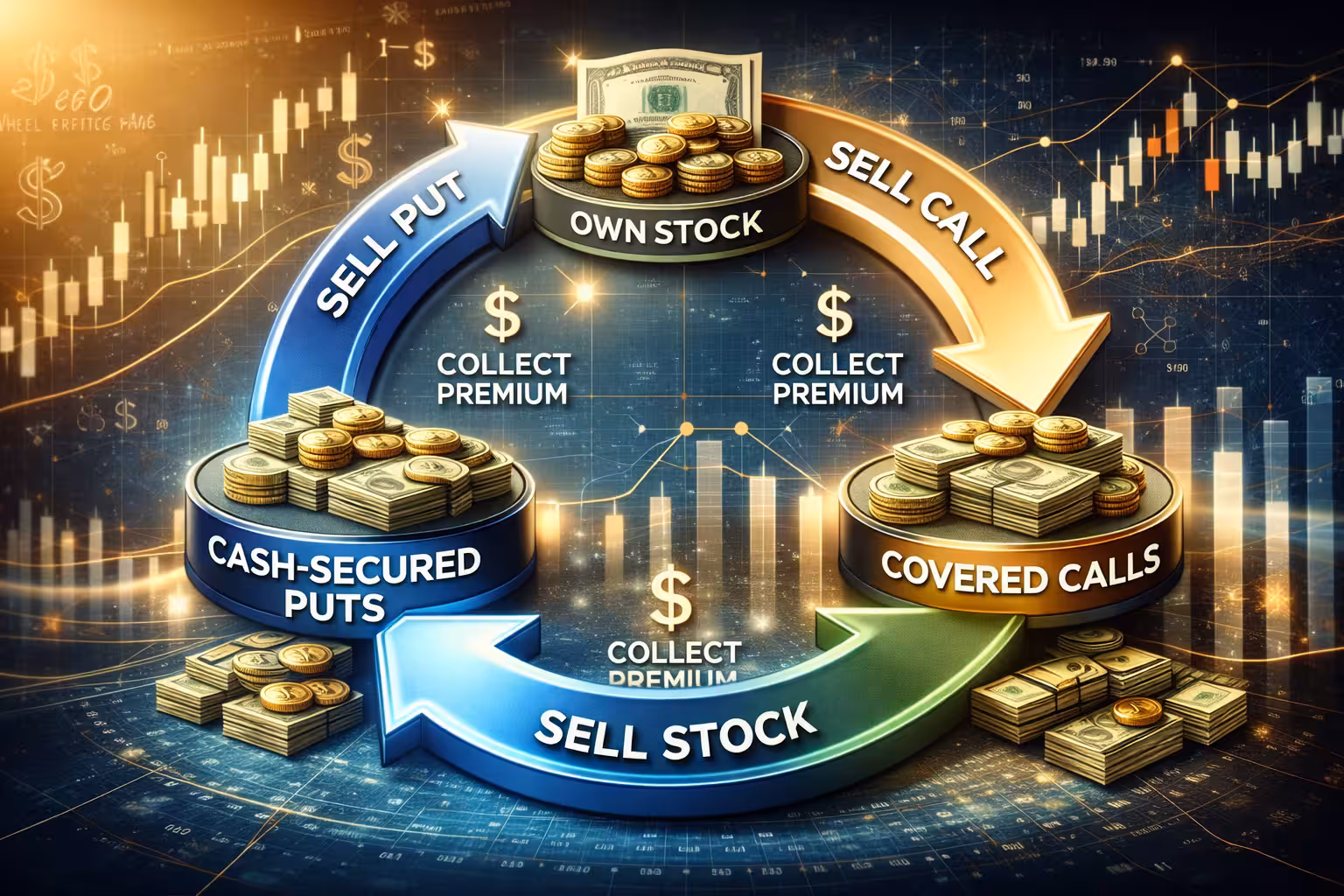 Options wheel strategy diagram illustrating selling cash-secured puts, owning shares, and selling covered calls to collect recurring income from premiums.