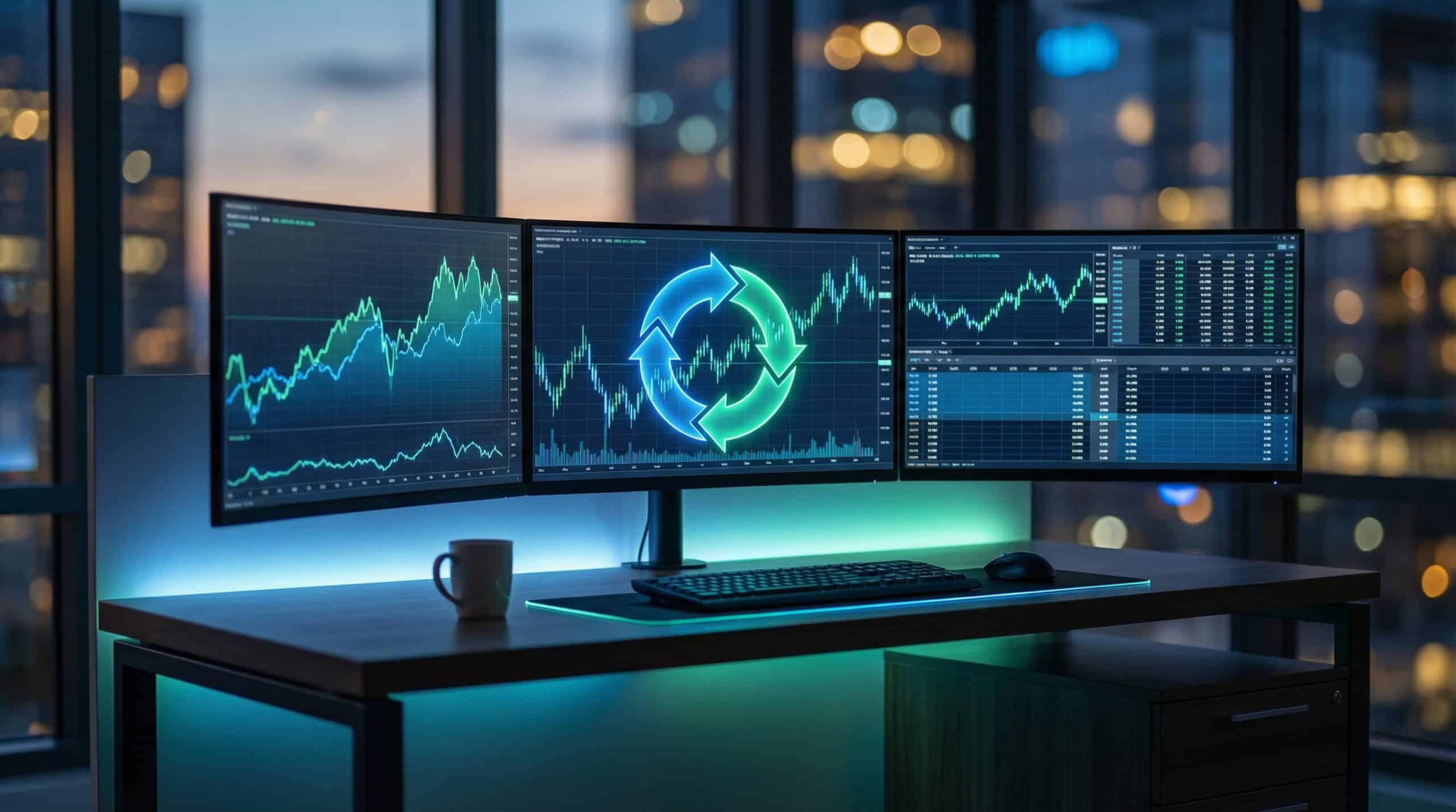 Wheel strategy tech stocks trading setup with multiple monitors showing options chains and a circular cycle diagram