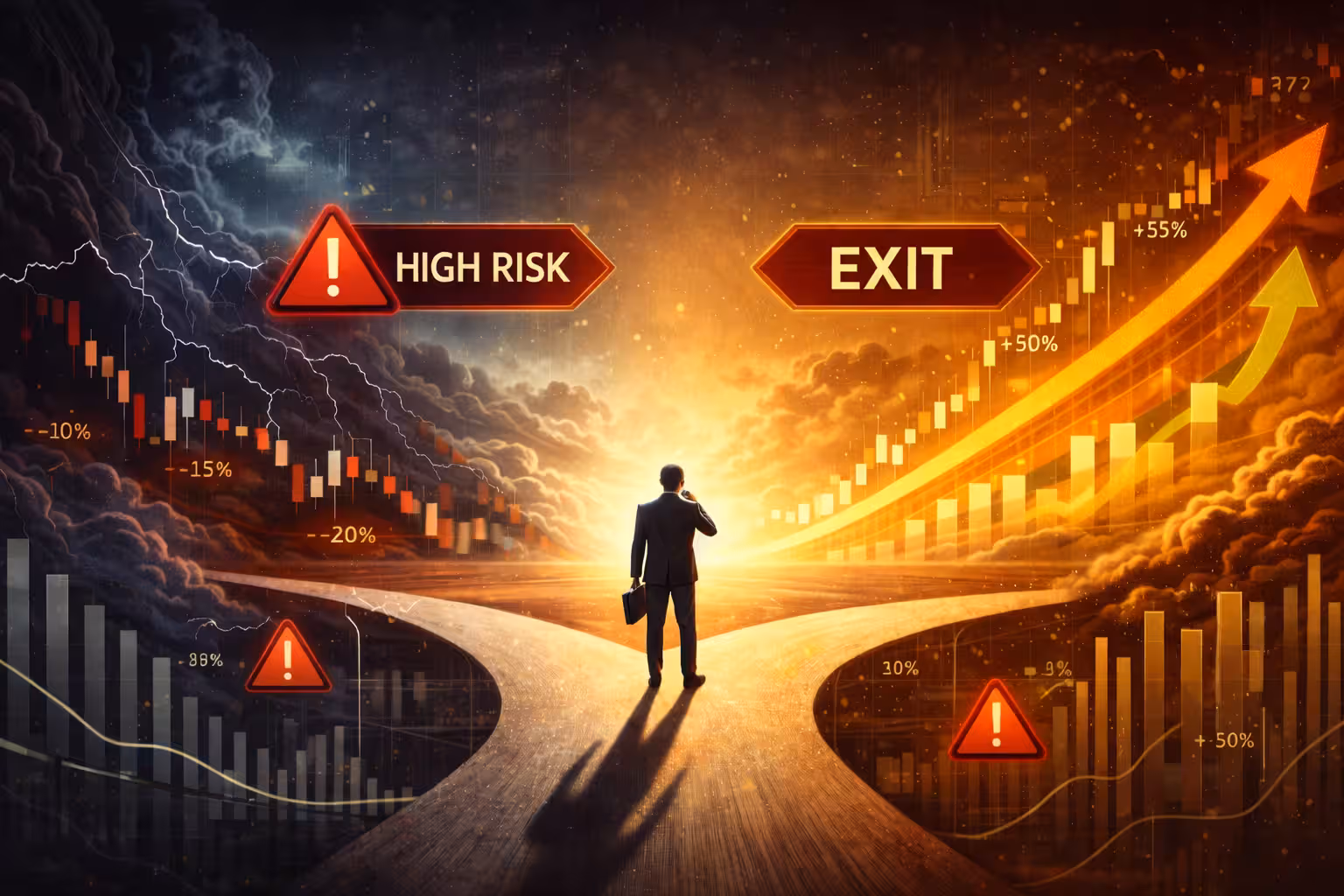 Trader at a crossroads choosing between high-risk options trade and exiting position, with falling and rising market charts illustrating risk management decisions.