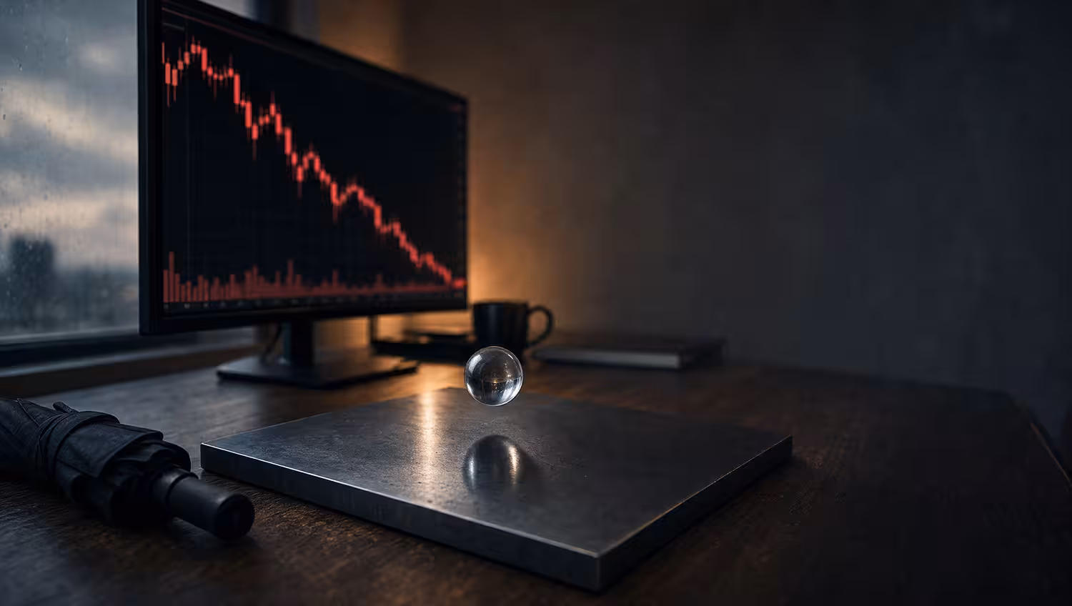 Protective put concept: a steel floor beneath a falling glass sphere on a trading desk, red declining chart on screen.
