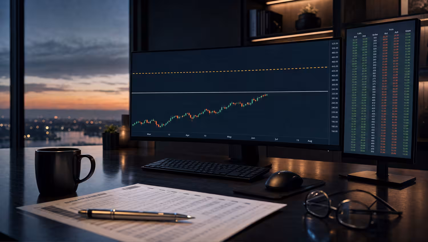 Trading desk at dusk with a rising stock chart on an ultrawide monitor, marked by a solid strike price line and a higher dashed breakeven line, alongside an options chain display.