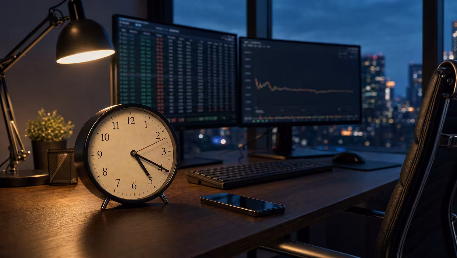 Clock showing 5:20 pm ET on an empty trading desk, illustrating the options expiration decision window after the close