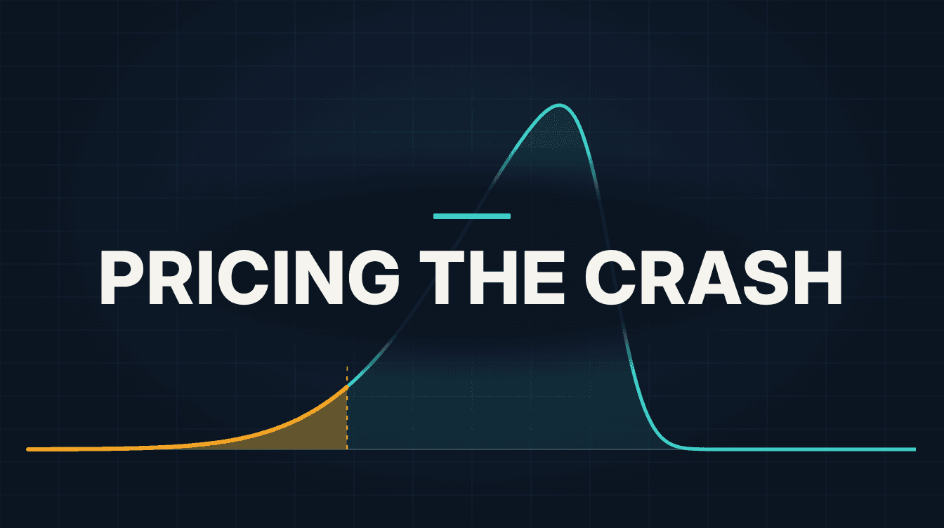 Return distribution curve with a long left tail, the far-left crash tail highlighted in amber