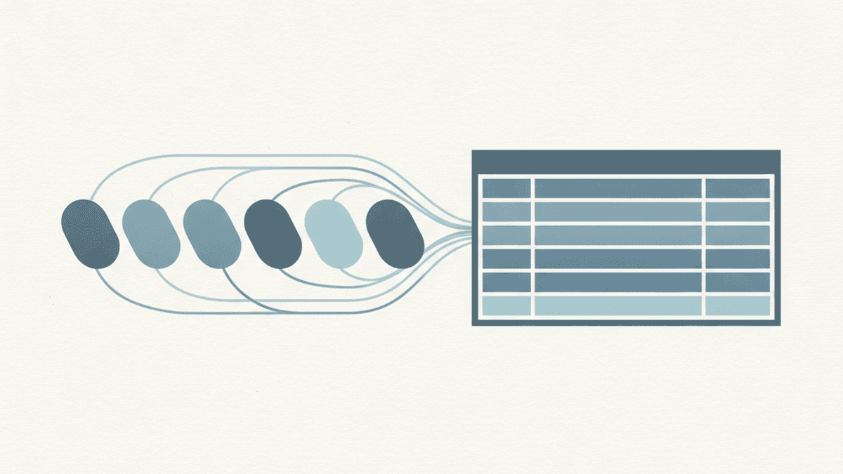 rounded input cards flowing along curved lines into one structured table panel, centered with generous margins