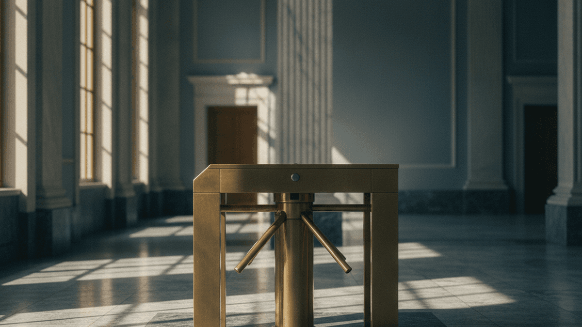 a brass turnstile in an empty marble lobby, morning light raking across the floor