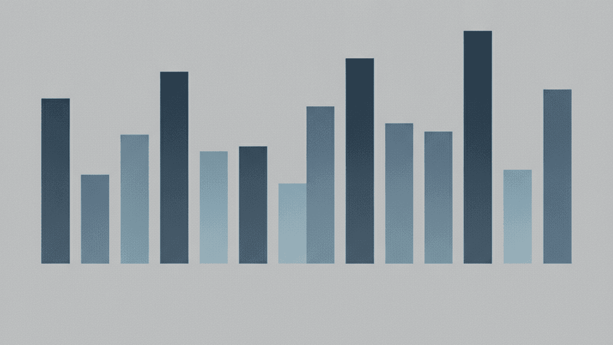 ten evenly spaced vertical bars of varying height spanning a wide band, abstract