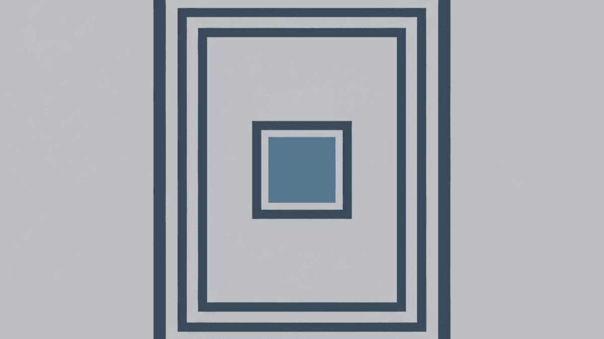 two nested rectangles at wildly different scale, one outlined and one solid, flat geometric