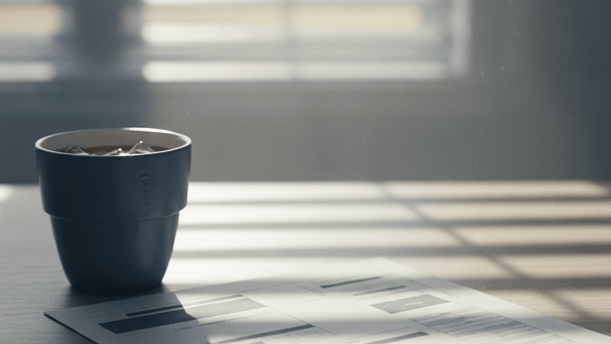 a printed statement page on a wooden desk at dawn, cold coffee cup, light through window blinds