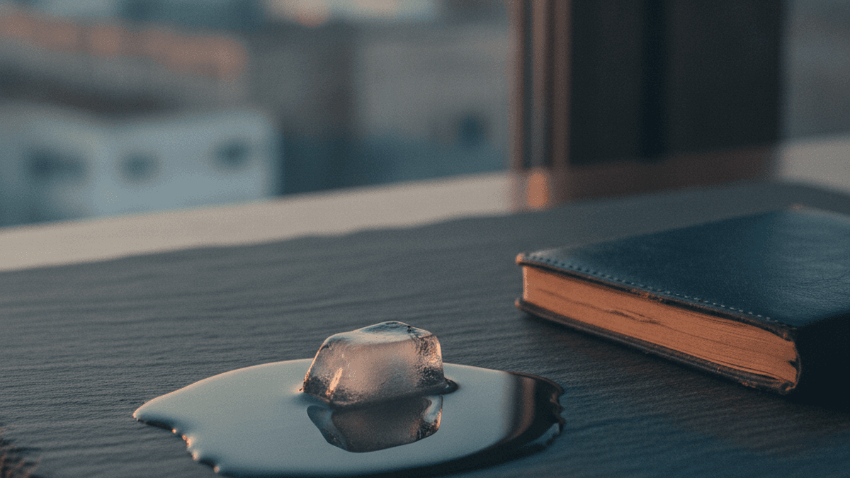 a half-melted ice cube in a spreading puddle on a dark slate desk beside a closed leather notebook, low evening light